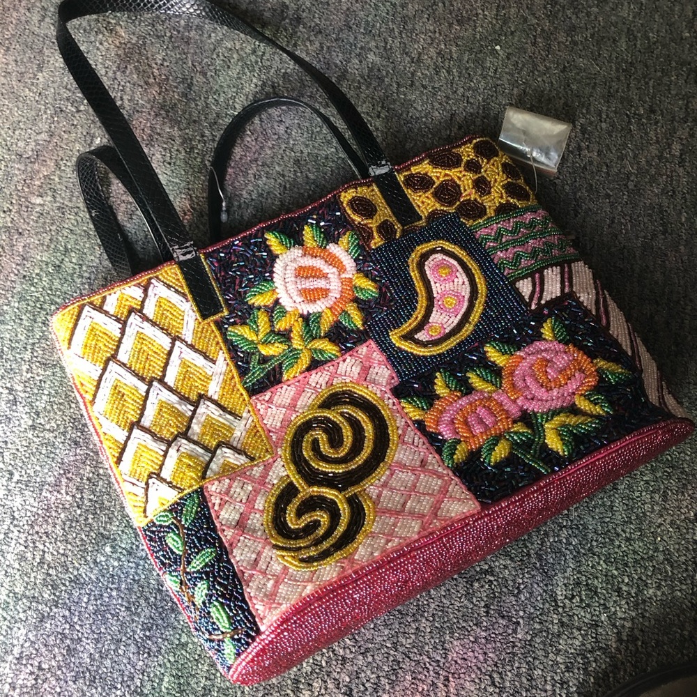 Beaded Patchwork Tote Bag in Pink, Yellow & Black
